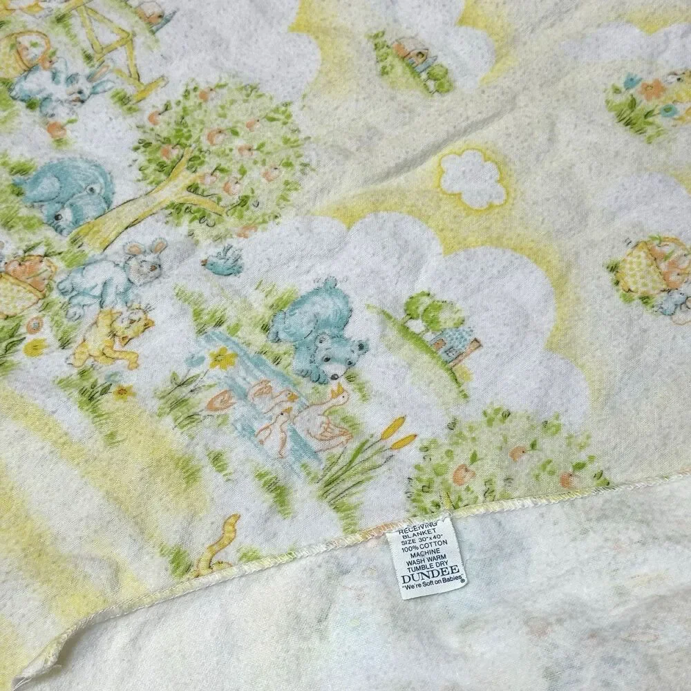 Vtg Dundee Baby Receiving Blanket Pastel Yellow Forest Animals Gender Neutral